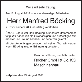 Traueranzeige von Manfred Böcking von Siegener Zeitung