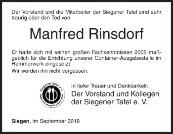 Traueranzeige von Manfred Rinsdorf von Siegener Zeitung