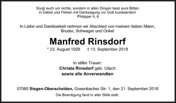 Traueranzeige von Manfred Rinsdorf von Siegener Zeitung
