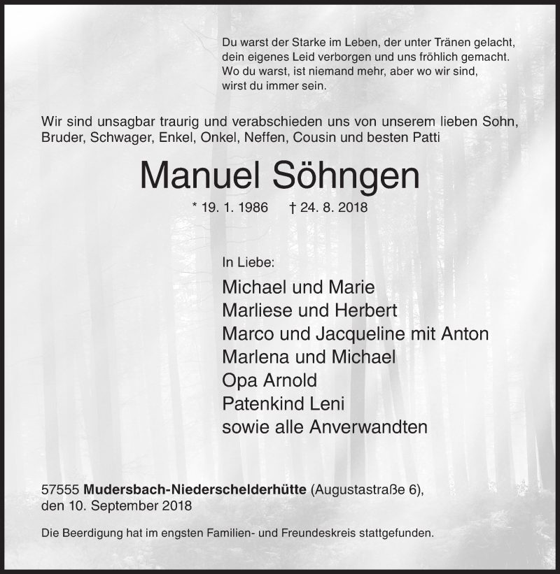  Traueranzeige für Manuel Söhngen vom 10.09.2018 aus Siegener Zeitung