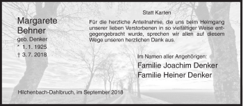 Traueranzeige von Margarete Behner von Siegener Zeitung