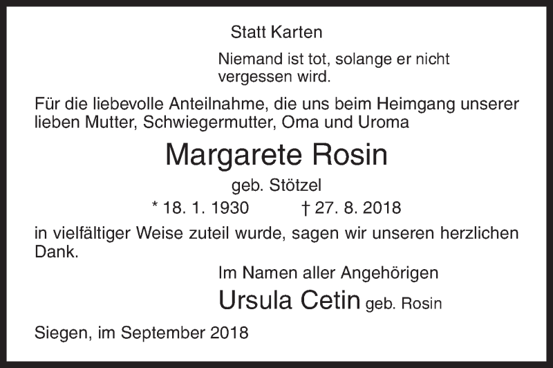  Traueranzeige für Margarete Rosin vom 29.09.2018 aus Siegener Zeitung