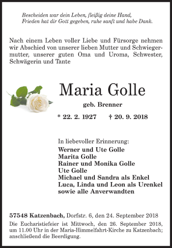 Traueranzeige von Maria Golle von Siegener Zeitung