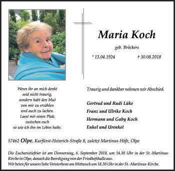 Traueranzeige von Maria  Koch von Siegener Zeitung