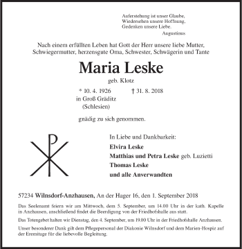 Traueranzeige von Maria Leske von Siegener Zeitung