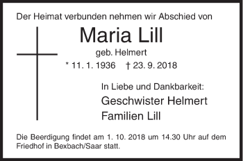 Traueranzeige von Maria Lill von Siegener Zeitung