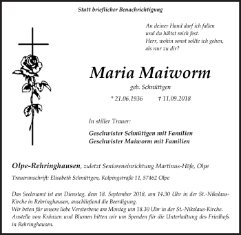 Traueranzeige von Maria Maiworm von Siegener Zeitung