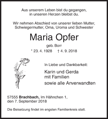 Traueranzeige von Maria Opfer von Siegener Zeitung