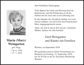 Traueranzeige von Maria Weingarten von Siegener Zeitung
