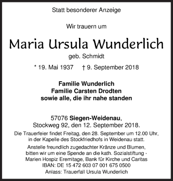 Traueranzeige von Maria Ursula Wunderlich von Siegener Zeitung