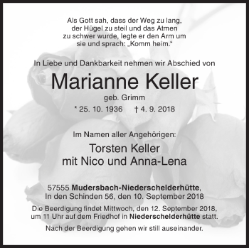 Traueranzeige von Marianne Keller von Siegener Zeitung