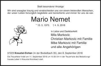 Traueranzeige von Mario Nemet von Siegener Zeitung