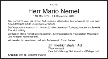 Traueranzeige von Mario Nemet von Siegener Zeitung