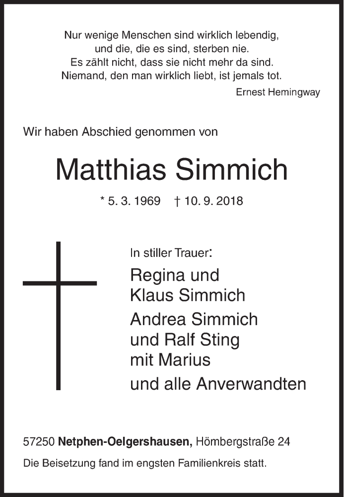  Traueranzeige für Matthias Simmich vom 22.09.2018 aus Siegener Zeitung