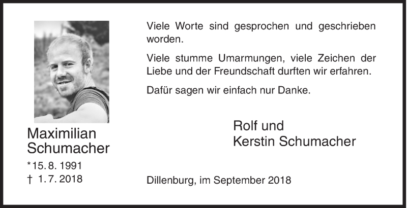  Traueranzeige für Maximilian Schumacher vom 01.09.2018 aus Siegener Zeitung