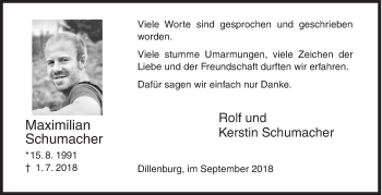 Traueranzeige von Maximilian Schumacher von Siegener Zeitung