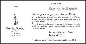 Traueranzeige von Monika Weber von Siegener Zeitung