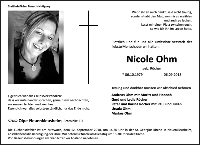  Traueranzeige für Nicole Ohm vom 08.09.2018 aus Siegener Zeitung