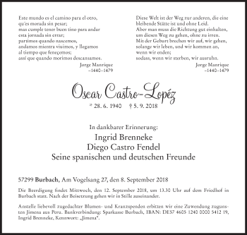 Traueranzeige von Oscar Castro-Lopéz von Siegener Zeitung