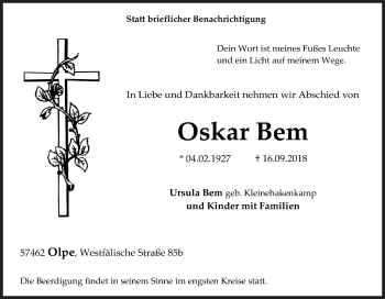 Traueranzeige von Oskar Bem von Siegener Zeitung
