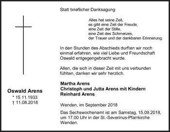 Traueranzeige von Oswald Arens von Siegener Zeitung