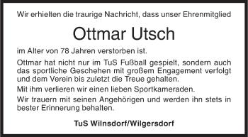 Traueranzeige von Ottmar Utsch von Siegener Zeitung