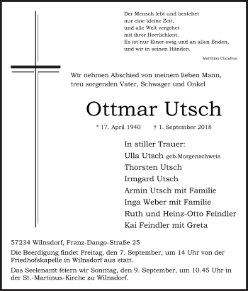 Traueranzeige von Ottmar Utsch von Siegener Zeitung