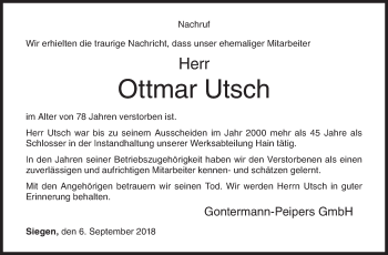 Traueranzeige von Ottmar Utsch von Siegener Zeitung