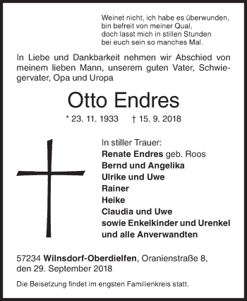 Traueranzeige von Otto Endres von Siegener Zeitung