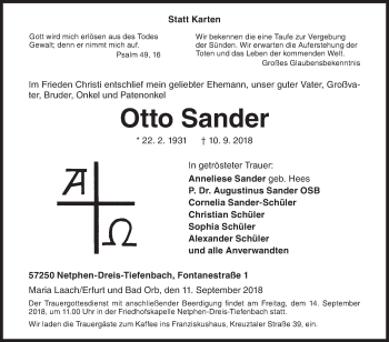 Traueranzeige von Otto Sander von Siegener Zeitung