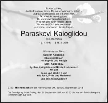 Traueranzeige von Paraskevi Kaioglidou von Siegener Zeitung