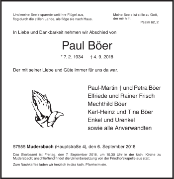 Traueranzeige von Paul Böer von Siegener Zeitung