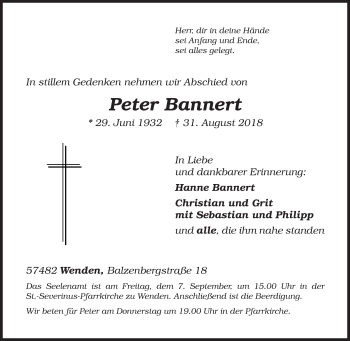 Traueranzeige von Peter Bannert von Siegener Zeitung