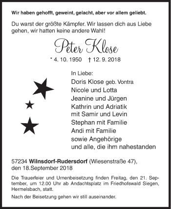 Traueranzeige von Peter Klose von Siegener Zeitung