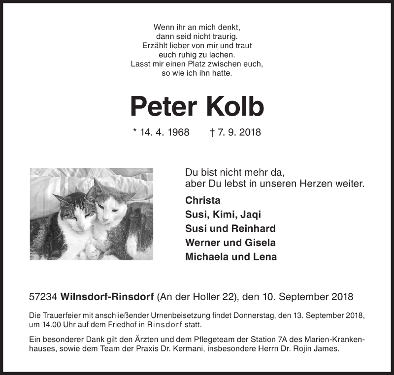  Traueranzeige für Peter Kolb vom 10.09.2018 aus Siegener Zeitung
