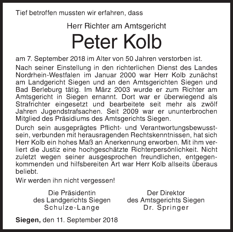  Traueranzeige für Peter Kolb vom 11.09.2018 aus Siegener Zeitung