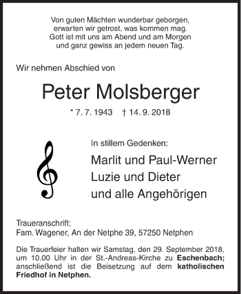 Traueranzeige von Peter Molsberger von Siegener Zeitung