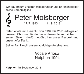 Traueranzeige von Peter Molsberger von Siegener Zeitung