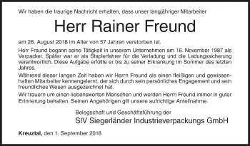 Traueranzeige von Rainer Freund von Siegener Zeitung