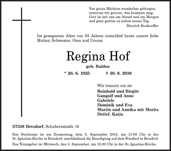 Traueranzeige von Regina Hof von Siegener Zeitung