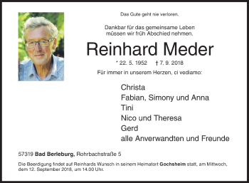 Traueranzeige von Reinhard Meder von Siegener Zeitung