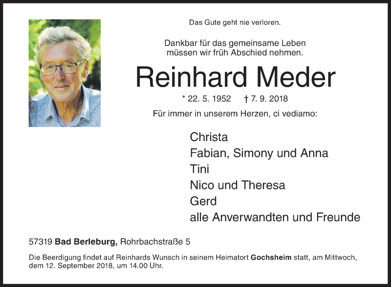  Traueranzeige für Reinhard Meder vom 11.09.2018 aus Siegener Zeitung