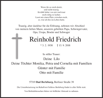 Traueranzeige von Reinhold Friedrich von Siegener Zeitung
