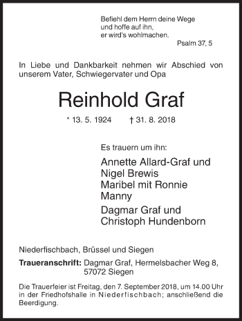Traueranzeige von Reinhold Graf von Siegener Zeitung