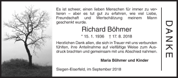 Traueranzeige von Richard Böhmer von Siegener Zeitung
