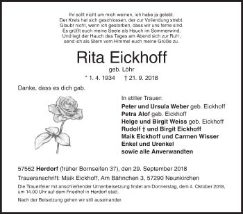 Traueranzeige von Rita Eickhoff von Siegener Zeitung