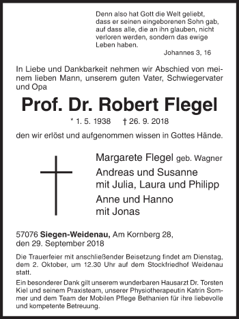 Traueranzeige von Robert Flegel von Siegener Zeitung