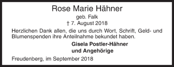 Traueranzeige von Rose Marie Hähner von Siegener Zeitung