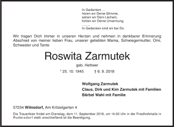 Traueranzeige von Roswita Zarmutek von Siegener Zeitung