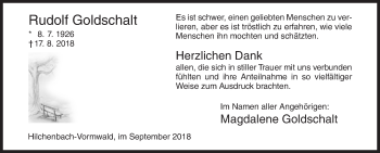 Traueranzeige von Rudolf Goldschalt von Siegener Zeitung